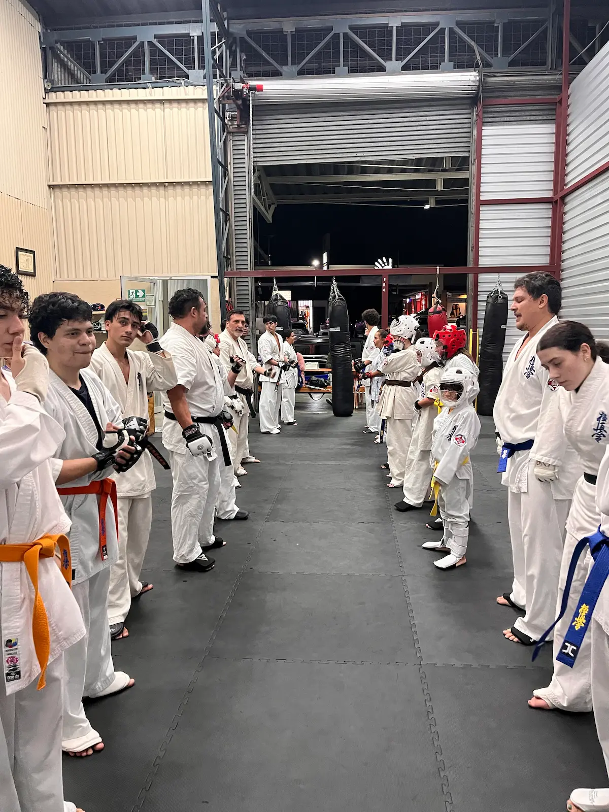 Alumnos practicando golpes en saco, karate kyokushin Heredia